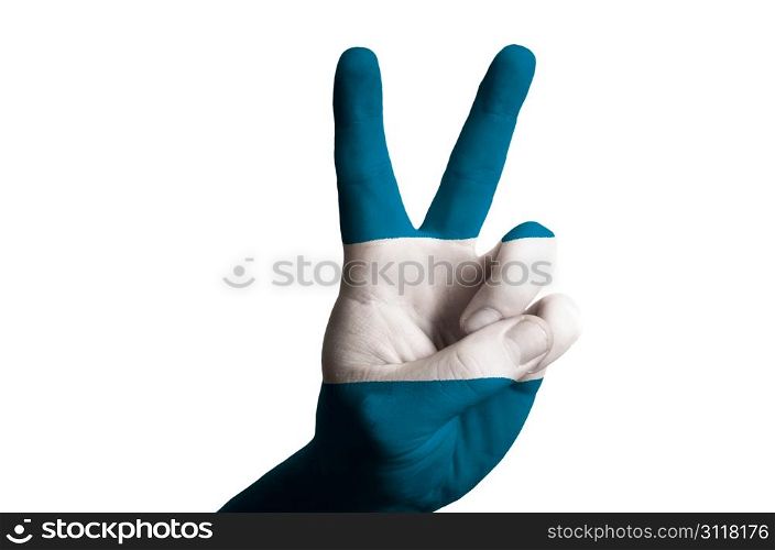Hand with two finger up gesture in colored el salvador national flag as symbol of winning, victorious, excellent, - for tourism and touristic advertising, positive political, cultural, social management of country