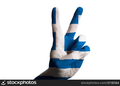 Hand with two finger up gesture in colored greece national flag as symbol of winning, victorious, excellent, - for tourism and touristic advertising, positive political, cultural, social management of country