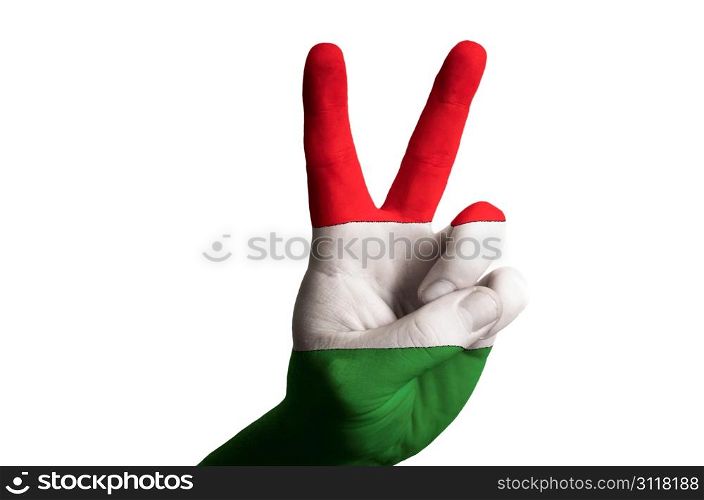 Hand with two finger up gesture in colored hungary national flag as symbol of winning, victorious, excellent, - for tourism and touristic advertising, positive political, cultural, social management of country