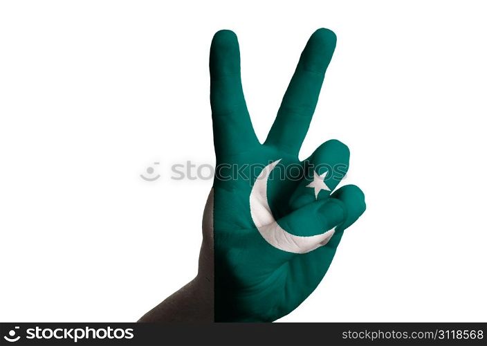 Hand with two finger up gesture in colored pakistan national flag as symbol of winning, victorious, excellent, - for tourism and touristic advertising, positive political, cultural, social management of country