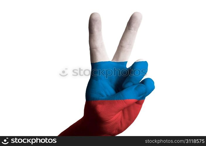 Hand with two finger up gesture in colored russia national flag as symbol of winning, victorious, excellent, - for tourism and touristic advertising, positive political, cultural, social management of country