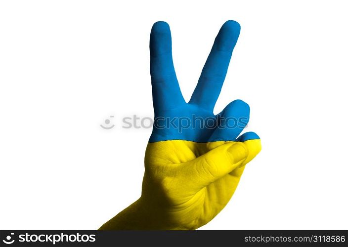 Hand with two finger up gesture in colored ukraine national flag as symbol of winning, victorious, excellent, - for tourism and touristic advertising, positive political, cultural, social management of country