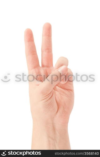 Hand with two fingers up in the peace or victory symbol. Also the sign for the letter V in sign language. Isolated on white.