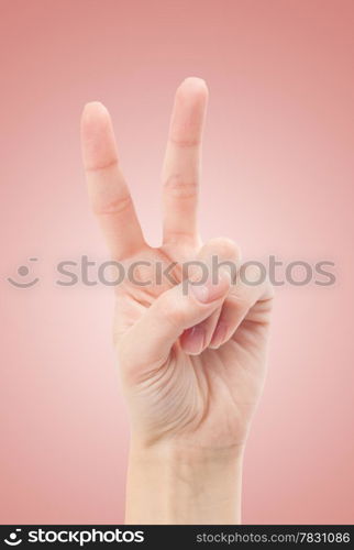 Hand with two fingers up in the peace or victory symbol. Also the sign for the letter V in sign language.