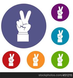 Hand with victory sign icons set in flat circle reb, blue and green color for web. Hand with victory sign icons set
