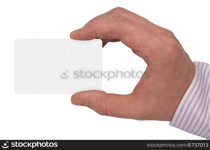 hand with white blank card. isolated on white