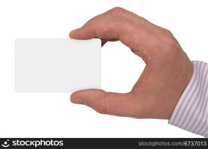 hand with white blank card. isolated on white