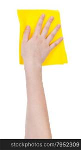hand with yellow washing rag isolated on white background