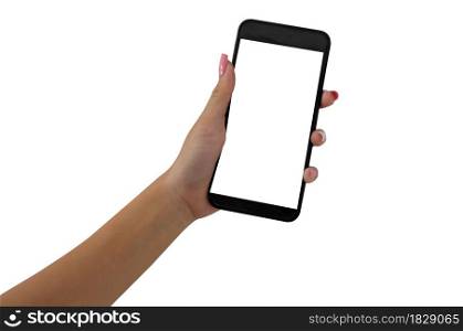 Hand woman holding smart phone on the white background.
