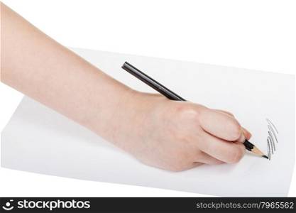 hand writes by black pencil on sheet of paper isolated on white background