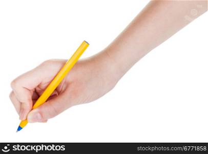 hand writes by blue pen isolated on white background