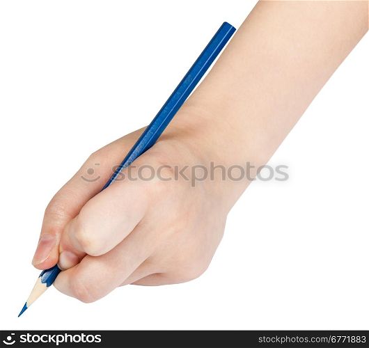 hand writes by blue pencil isolated on white background