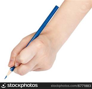 hand writes by blue pencil isolated on white background