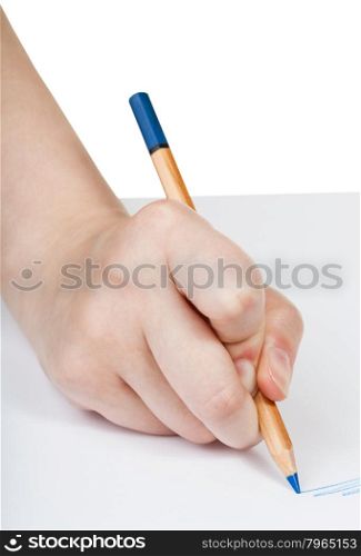 hand writes by blue pencil on sheet of paper isolated on white background