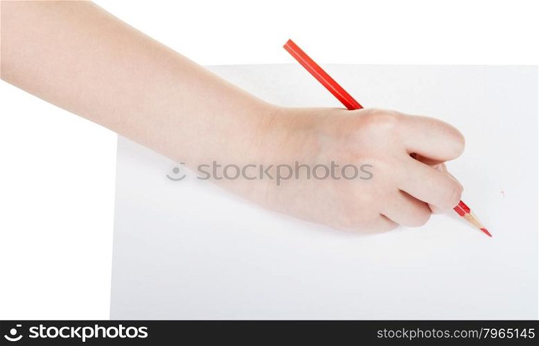 hand writes by red pencil on sheet of paper isolated on white background