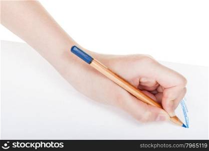 hand writes by wood blue pencil on sheet of paper isolated on white background