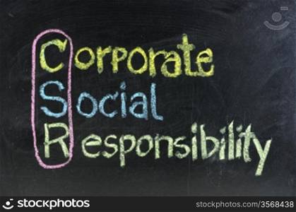 hand writing corporate social responsibility ( CSR ) concept on chalkboard
