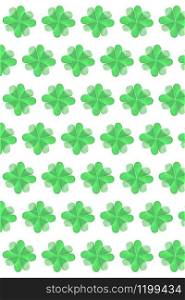 Handcraft creative background from paper colored green shamrock&rsquo;s leaves with four petals on a white background. Happy St.Patrick &rsquo;s Day concept.. Vertical holiday background from paper clover&rsquo;s leaves.