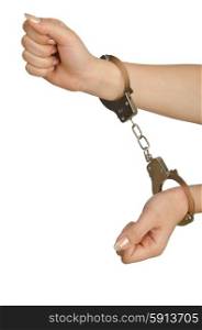 Handcuffed hands on white background