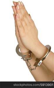 Handcuffed hands on white background