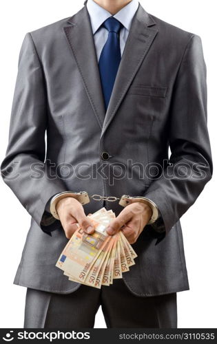 Handcuffed man with euro banknotes