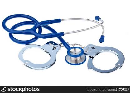 handcuffs and a stethoscope lying on a white background.