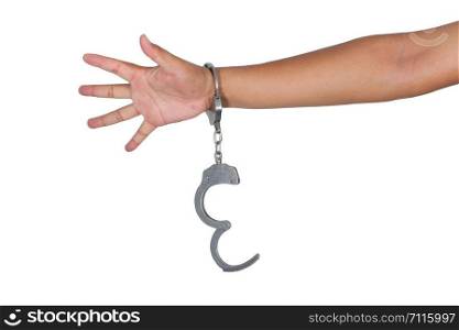 Handcuffs and hand on a white background