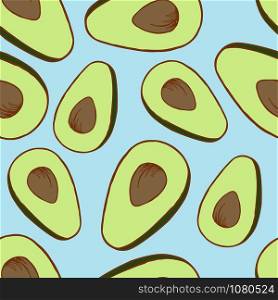 Handdrawn fruit seamless patter with avocado, vector illustration, on blue background. ???????2