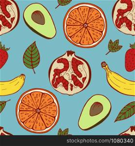 Handdrawn fruit seamless patter with set of fruit, vector illustration, on blue background. ??????????-3