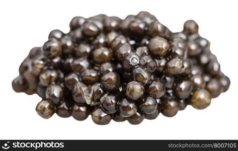 handful of black sturgeon caviar close up isolated on white background