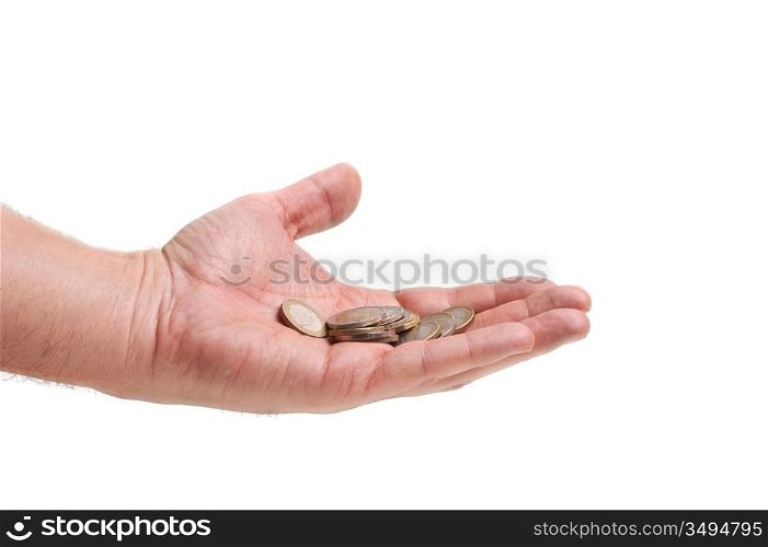 handful of coins on hand isolated on white background