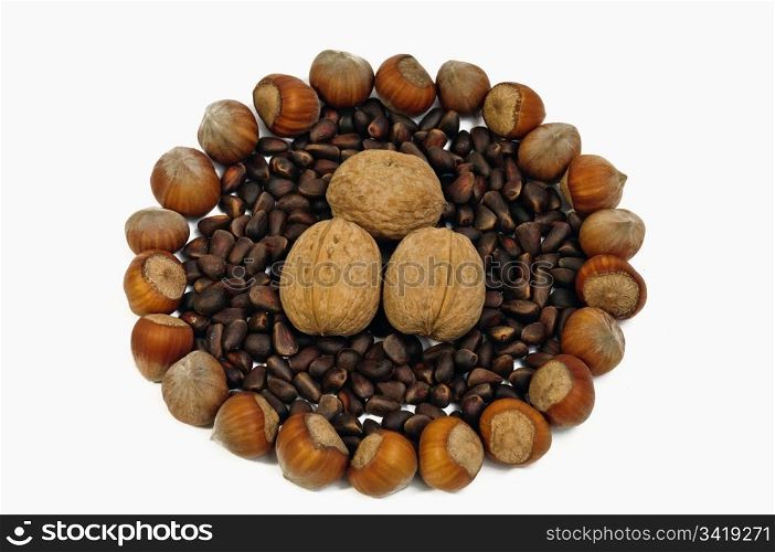 handful of fresh hazelnuts filled up among the pine nuts, isolated on white background