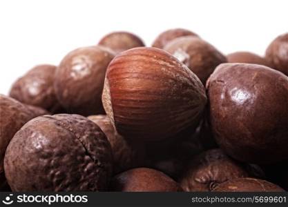 handful of hazelnuts isolated on white background closeup