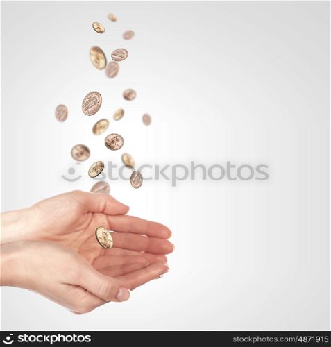 Handful Of Money. Human hand holding money on white background