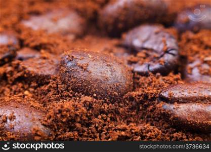 handful of roasted coffee beans in ground coffee close up