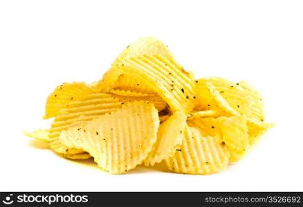 handful of yellow potato chips isolated on white background