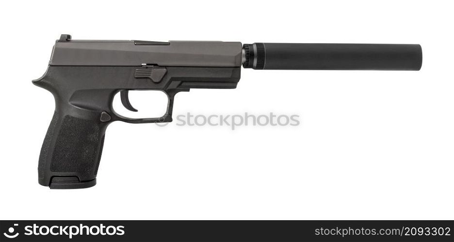 handgun with silencer isolated on white