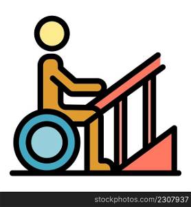Handicapped wheelchair at stairs icon. Outline handicapped wheelchair at stairs vector icon color flat isolated. Handicapped wheelchair at stairs icon color outline vector