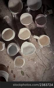 handmade ceramics, empty craft ceramic cup on gray background. handmade ceramics, empty craft ceramic cup