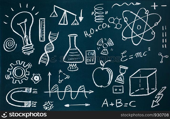 Handmade chemist and mathematical drawings on blackboard background. Chemist and mathematical drawings on blackboard background