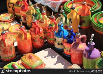 Handmade colorful pottery on a market in the Provence