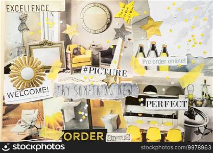 Handmade contemporary creative atmosphere art mood board collage sheet in color Gray and yellow made of teared magazine and printed matter paper with colors and texture. Interior design concept