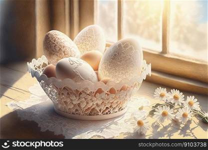 Handmade Easter eggs with white lace floral design and spring flowers on table next to window. Trendy light and shadow. Handmade Easter eggs with white lace floral design and spring flowers on table