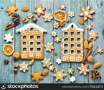 Handmade edible gingerbread house.Christmas gingerbread cookie in the form of a house. Christmas gingerbread house