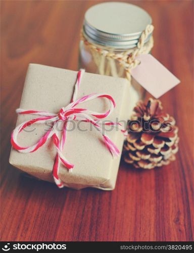 Handmade gift box and jar for present with retro filter effect