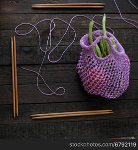 Handmade handbag to go market, hand bag knit from purple yarn, hobby leisure to make gift for woman or mom in mother day