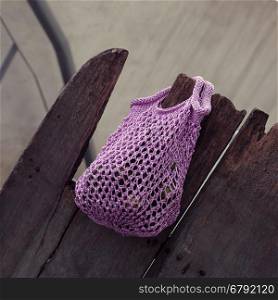 Handmade handbag to go market, hand bag knit from purple yarn, hobby leisure to make gift for woman or mom in mother day