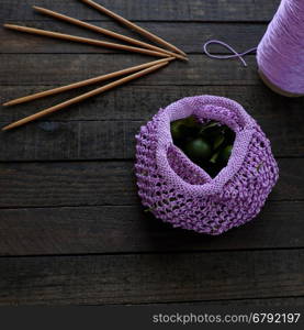 Handmade handbag to go market, hand bag knit from purple yarn, hobby leisure to make gift for woman or mom in mother day