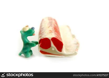 Handmade hungry plasticine dogs withy some meat to eat