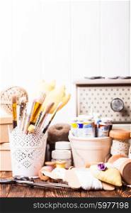 Handmade tools - brushes, paints, shabby ribbons and scissors